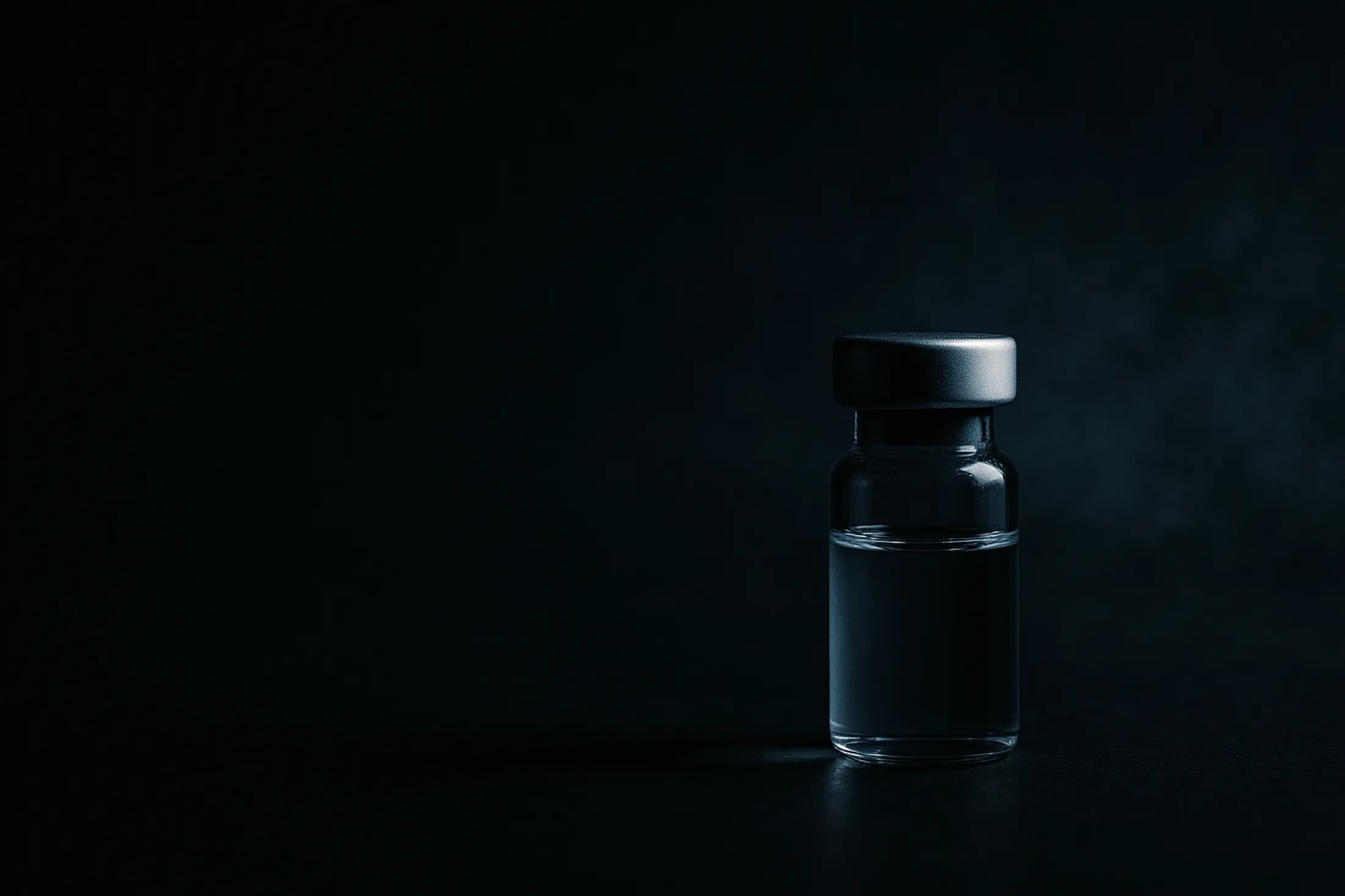 A single sealed glass research vial with an aluminium crimp cap, lit against a dark ground
